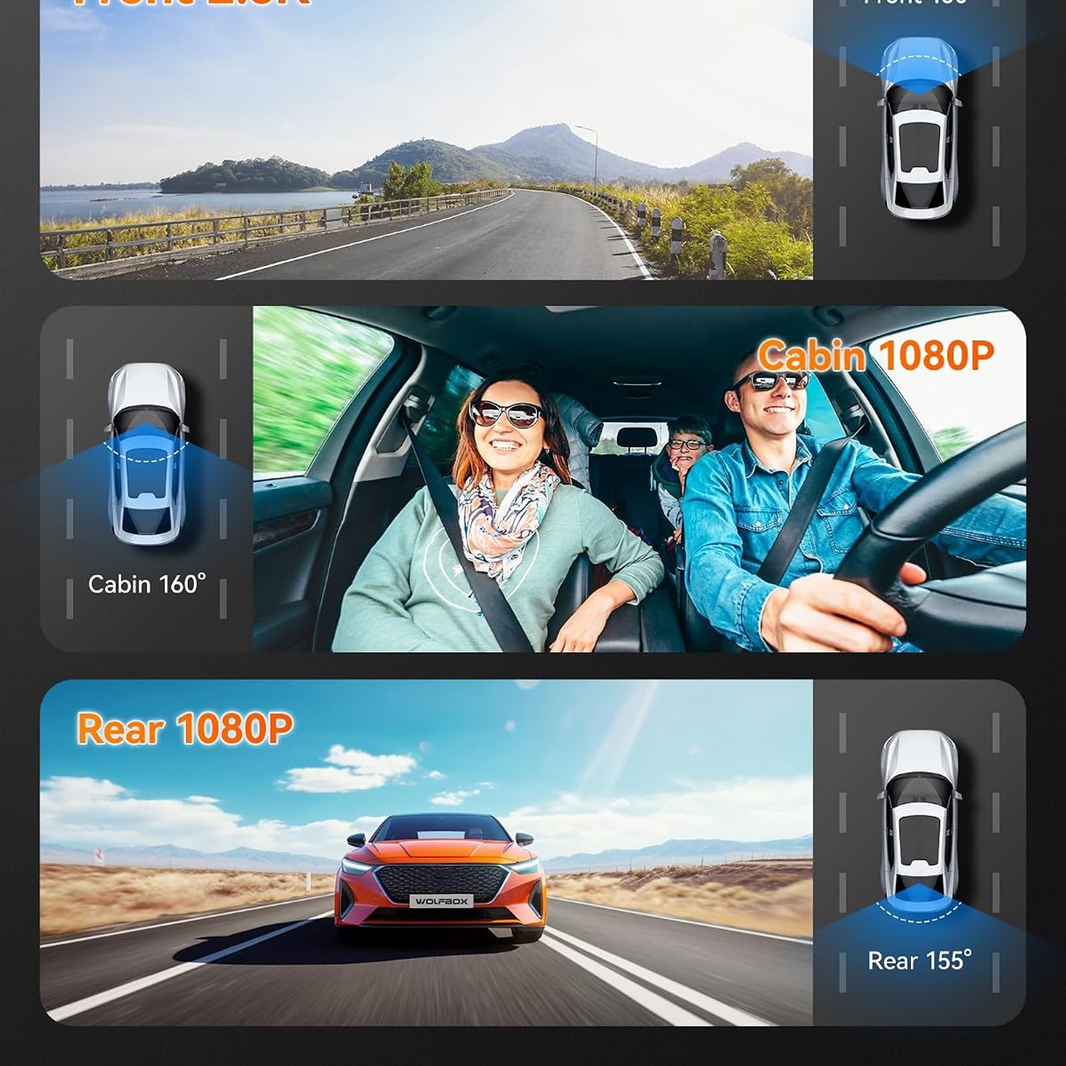 WOLFBOX i07 3 Channel Dash Cam with Front, Cabin and Rear Cameras