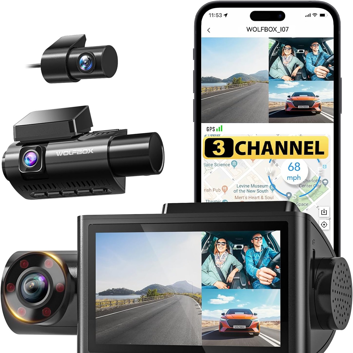 WOLFBOX i07 3 Channel Dash Cam with Front, Cabin and Rear Cameras: image 1