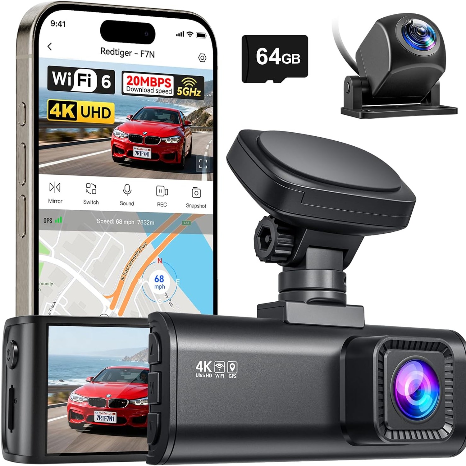 REDTIGER F7N 4K Dual Dash Cam with WiFi, GPS and 64GB Card: image 1