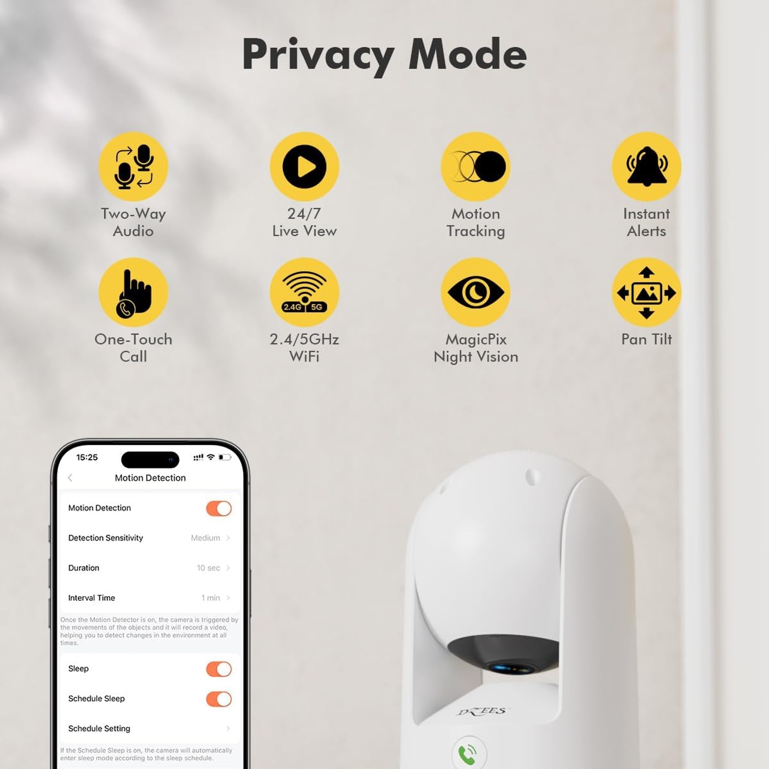 Dzees CA49 2K Indoor Camera with Dual Band WiFi and 360 Degree Pan Tilt